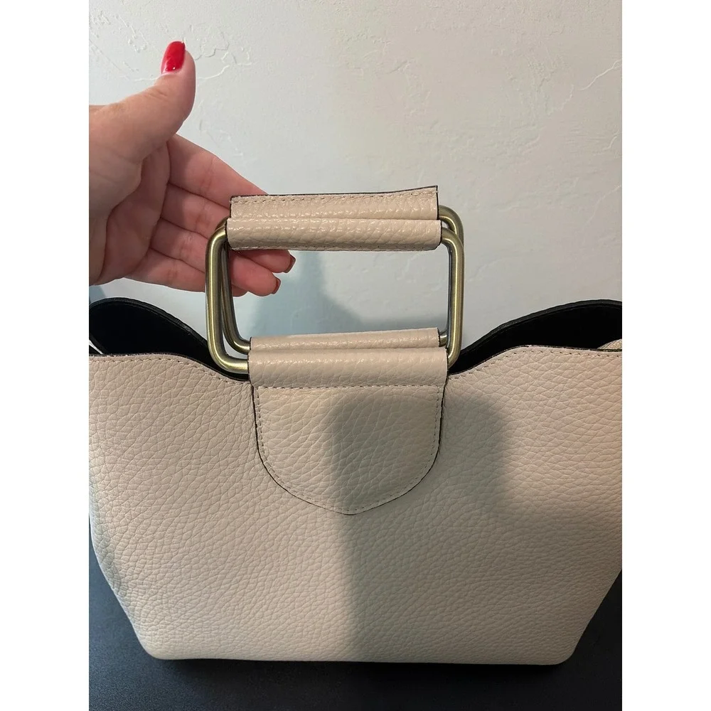 Isadora Italian Cream Pebbled Leather Handbag Metal Top Handle Tote Bag